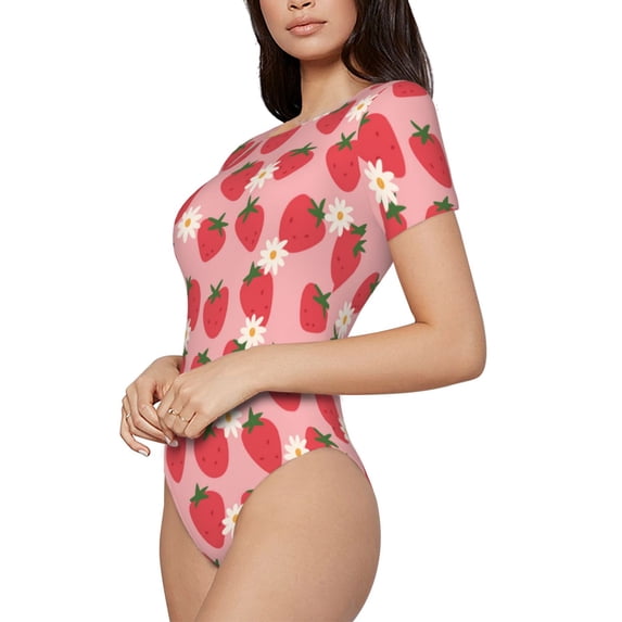 Uemuo Strawberry And Flowers Pattern Women's One Piece Short Sleeve Swimsuit Rash Guard Surfing Modest Quick-drying Swimsuit Beach Essentials-Small
