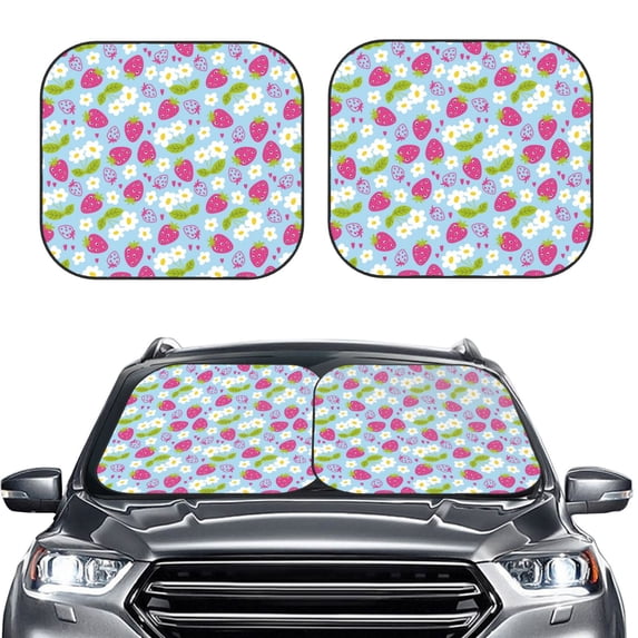 Uemuo Strawberry And Flowers Printed 2 PCS Car Windshield Sun Shade, Auto Sun Heat and UV Rays Blocker, Foldable Automotive Front Window Sunshade Protector