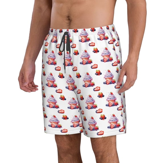 Uemuo Strawberry Blueberry Cream Cake Pattern Men's Swim Trunks Hawaiian Beach Bathing Suit Swimsuits Beach Quick-Dry Shorts with Pockets-X-Large