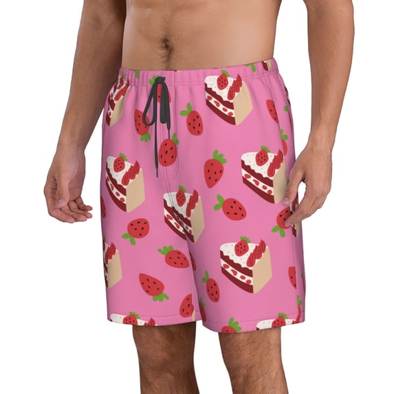 Uemuo Strawberry Cake Pattern Men's Swim Trunks Hawaiian Beach Bathing Suit Swimsuits Beach Quick-Dry Shorts with Pockets-