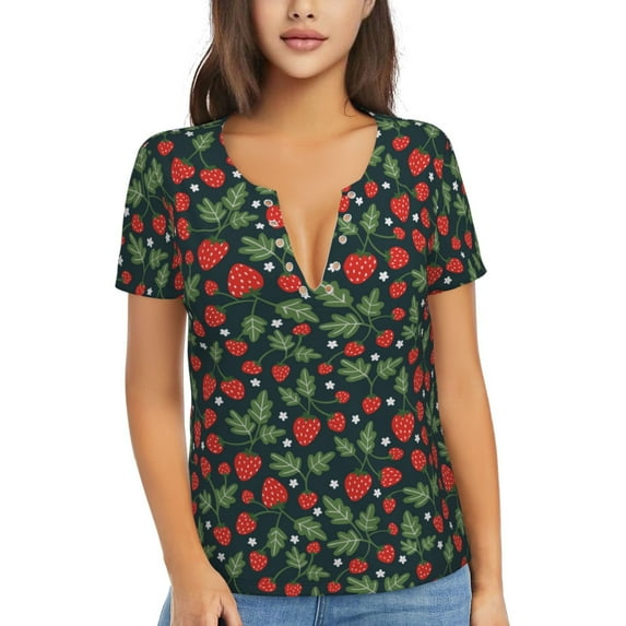 Uemuo Strawberry Drawing Women's Deep V-Neck Low Cut Tops - Casual Loose Fit with Stainless Steel Loop, Soft, Breathable, Perfect for Office, Travel, and Daily Wear-Medium