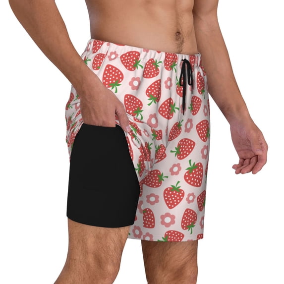 Uemuo Strawberry Flower Pattern Mens Swim Trunks Quick Dry Board Shorts with Mesh Lining, Stretch Beach Shorts Quick Dry No-Chafing Board Shorts-Small
