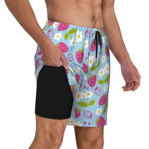 Uemuo Strawberry And Flowers Pattern Mens Swim Trunks Quick Dry Board Shorts with Mesh Lining, Stretch Beach Shorts Quick Dry No-Chafing Board Shorts-Small