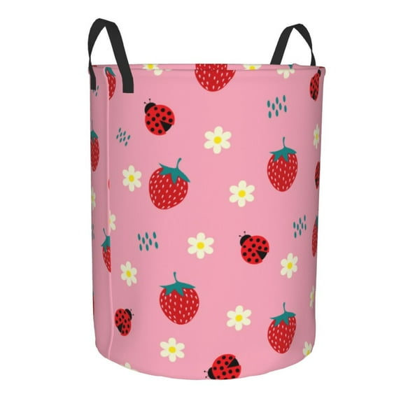Uemuo Strawberry and Ladybugs Pattern Circular Laundry Hamper Basket with handles,Collapsible laundry basket,Large capacity laundry hamper,Laundry Organizer-Medium