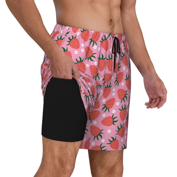 Uemuo Strawberry Pattern Mens Swim Trunks Quick Dry Board Shorts with Mesh Lining, Stretch Beach Shorts Quick Dry No-Chafing Board Shorts-Small