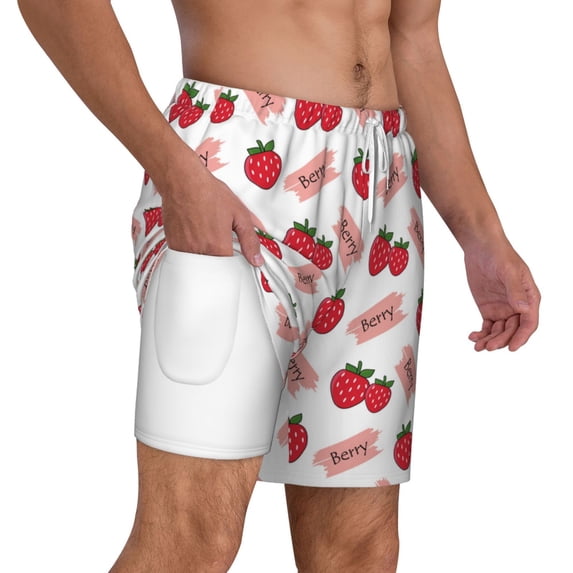 Uemuo Strawberry Pattern Mens Swim Trunks Quick Dry Board Shorts with Mesh Lining, Stretch Beach Shorts Quick Dry No-Chafing Board Shorts-X-Large