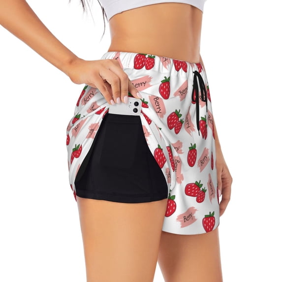 Uemuo Strawberry Pattern Women's Athletic Shorts High Waisted Running Shorts with Liner Pockets Gym Elastic Workout Shorts-Small