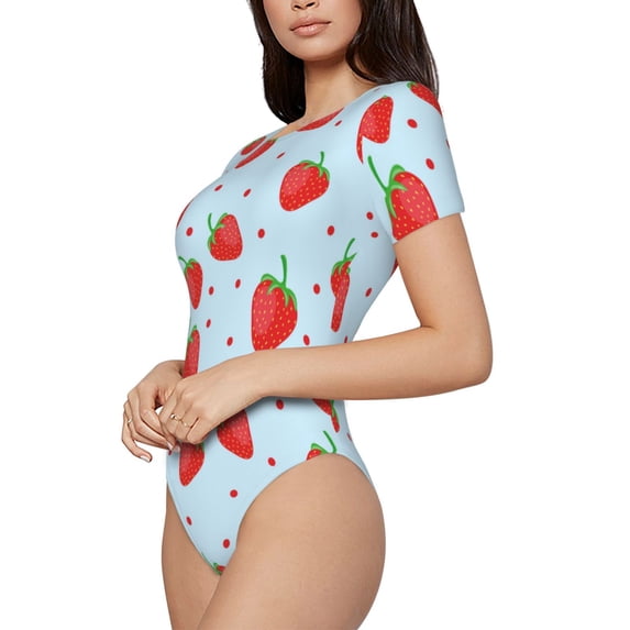 Uemuo Strawberry Pattern Women's One Piece Short Sleeve Swimsuit Rash Guard Surfing Modest Quick-drying Swimsuit Beach Essentials-Large