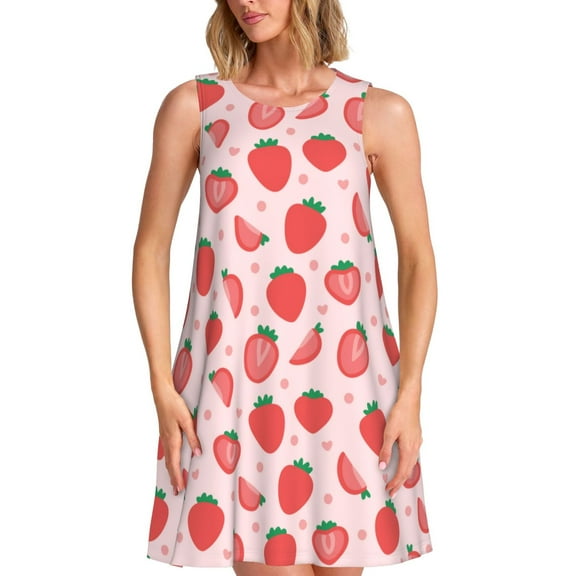 Uemuo Strawberry Pattern Women’s Sleeveless Dress – Casual Summer A-Line Dress, Stylish and Comfortable Sundress for Hot Weather