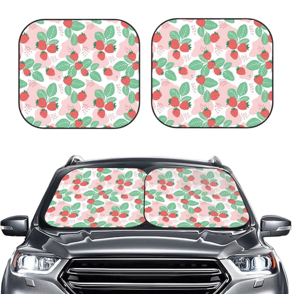 Uemuo Strawberry Printed 2 PCS Car Windshield Sun Shade, Auto Sun Heat and UV Rays Blocker, Foldable Automotive Front Window Sunshade Protector