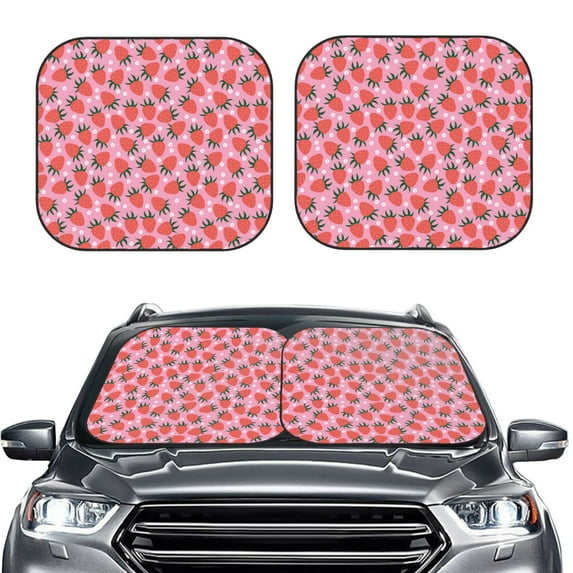 Uemuo Strawberry Printed 2 PCS Car Windshield Sun Shade, Auto Sun Heat and UV Rays Blocker, Foldable Automotive Front Window Sunshade Protector