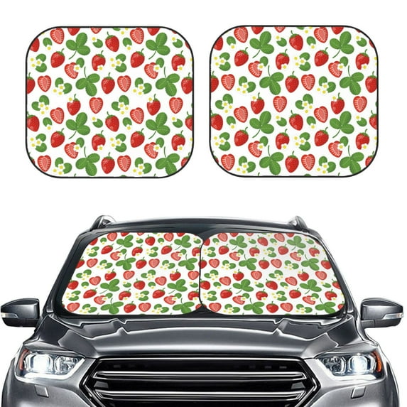 Uemuo Strawberry Printed 2 PCS Car Windshield Sun Shade, Auto Sun Heat and UV Rays Blocker, Foldable Automotive Front Window Sunshade Protector