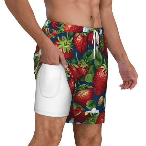 Uemuo Strawberry2 Pattern Mens Swim Trunks Quick Dry Board Shorts with Mesh Lining, Stretch Beach Shorts Quick Dry No-Chafing Board Shorts-3X-Large