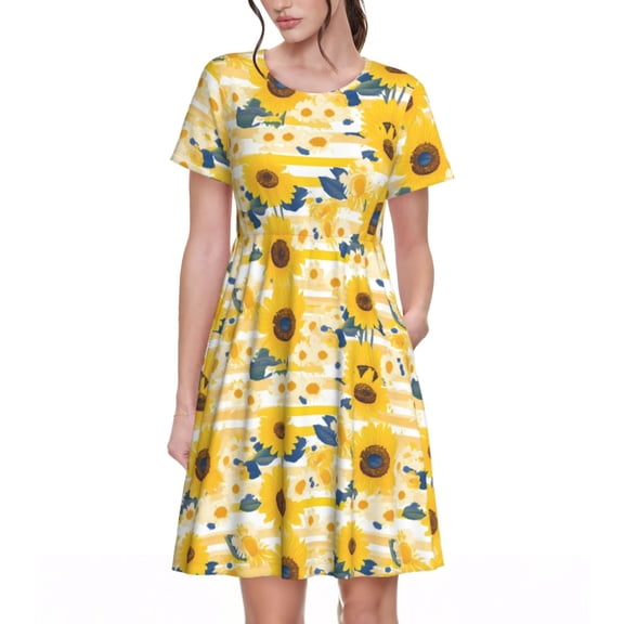 Uemuo Striped Sunflower Daisy Print Womens Summer Dress Casual Swing Short Sleeve Sundresses Beach A-line Shift Dress