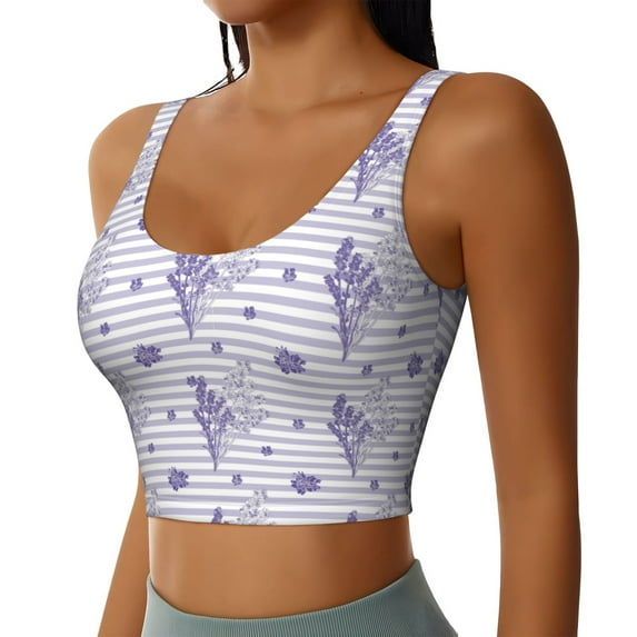 Uemuo Stripes and Sprigs of Lavender Pattern Women's Sports Bra - High Impact Support, Breathable, and Comfortable Athletic Bra for Running, Yoga, and Workouts