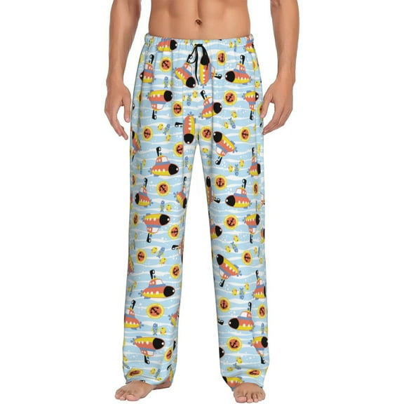 Uemuo Submarine With Fishes Undersea Pattern Men's Wide Leg Palazzo Lounge Pants with Pockets Light Weight Loose Comfy Casual Pajama Pants-Medium