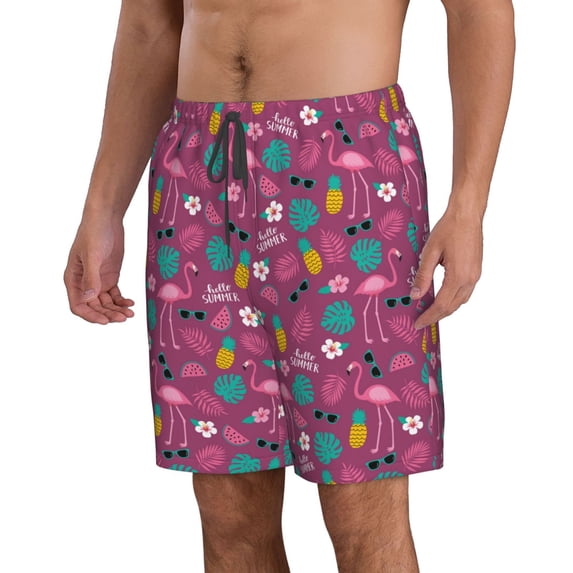 Uemuo Summer Flamingo Pattern Men's Swim Trunks Hawaiian Beach Bathing Suit Swimsuits Beach Quick-Dry Shorts with Pockets-X-Large