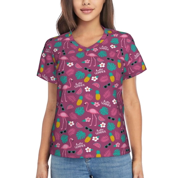 Uemuo Summer Flamingo Printed Women's Classic V-Neck T-Shirt - Soft, Breathable, Moisture-Wicking, Perfect for Casual, Office, Travel, and Everyday Wear-Medium