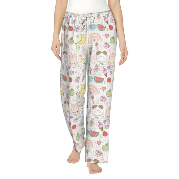 Uemuo Summer Rabbit Pattern Women's Wide Leg Palazzo Lounge Pants with Pockets Light Weight Loose Comfy Casual Pajama Pants-Large