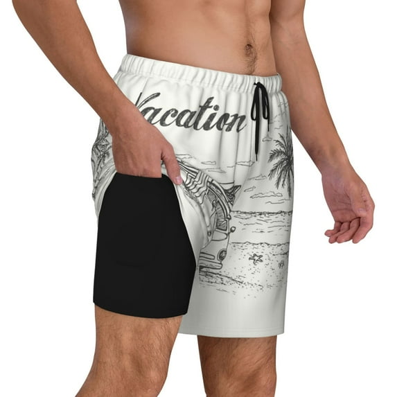 Uemuo Summer Vacation Scene With Camping Van Pattern Mens Swim Trunks Quick Dry Board Shorts with Mesh Lining, Stretch Beach Shorts Quick Dry No-Chafing Board Shorts-XX-Large