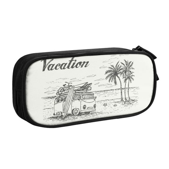 Uemuo Summer Vacation Scene With Camping Van Printed Pencil Pen Case, Portable Pencil Pouch with Zipper, Compact Stationery Bag Makeup Bag, Pencil Bag for Home Office