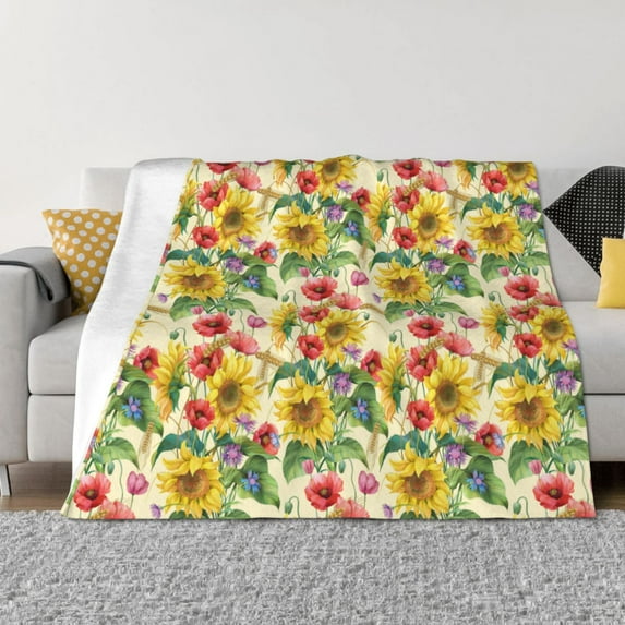 Uemuo Sunflower Cornflower Poppy Printed Throw Blanket for Couch, Fluffy Fuzzy Blankets for Bed, Sofa, Cozy Flannel Faux Fur Blanket-50"x40"