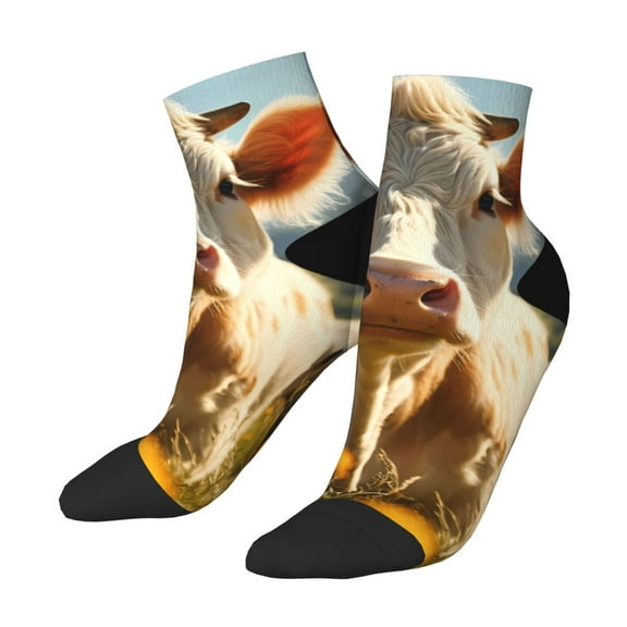 Uemuo Sunflower Cow Pasture Printed Crew Socks, Moisture-Wicking Socks, Athletic Socks for Men Breathable Cushion Socks Casual Sport Socks for Running Traveling