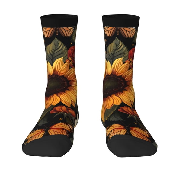 Uemuo Sunflower Floral Butterfly Pattern Women's Crew Socks, Soft Durable Breathable Moisture-Wicking with Odor Control Cotton socks