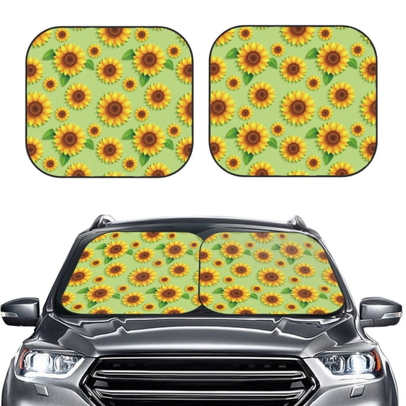 Uemuo Sunflower Leaves Printed 2 PCS Car Windshield Sun Shade, Auto Sun Heat and UV Rays Blocker, Foldable Automotive Front Window Sunshade Protector