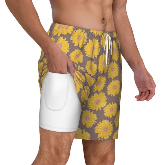 Uemuo Sunflower Pattern Mens Swim Trunks Quick Dry Board Shorts with Mesh Lining, Stretch Beach Shorts Quick Dry No-Chafing Board Shorts-X-Large