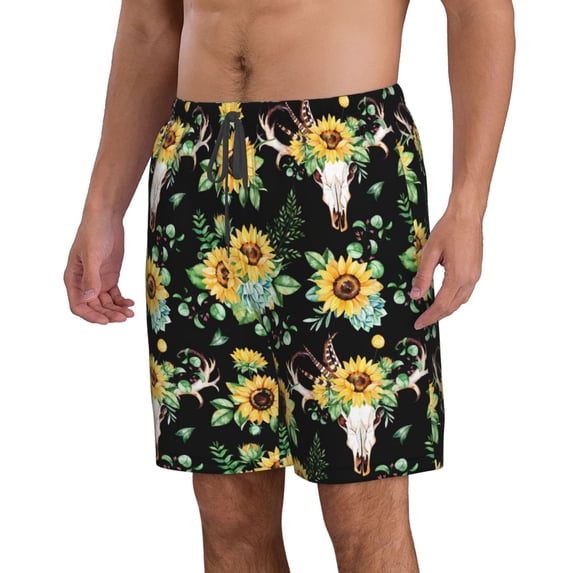 Uemuo Sunflower Skull Boho Pattern Men's Swim Trunks Hawaiian Beach Bathing Suit Swimsuits Beach Quick-Dry Shorts with Pockets-
