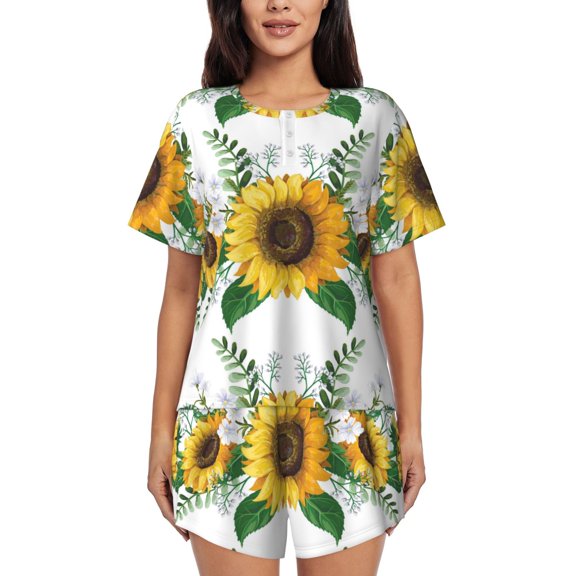 Uemuo Sunflowers (2) Pattern Women's Short-Sleeved Pajama, Button-Front Loungewear, 2-Piece Summer Sleepwear, Elastic Drawstring Shorts-X-Large