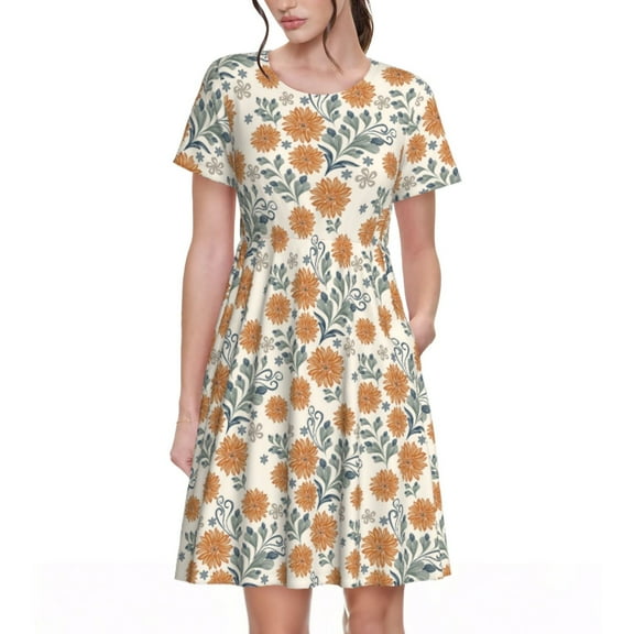 Uemuo Sunflowers 5 Print Womens Summer Dress Casual Swing Short Sleeve Sundresses Beach A-line Shift Dress