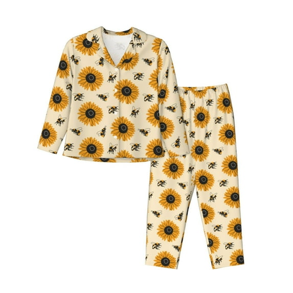 Uemuo Sunflowers And Bee Pattern Womens Pajama Sets,PJ Set for Women,Pajamas for Women Logo,Long Sleeve Pajama Set for Women,Soft Long Sleeve Top With Pants-XX-Large