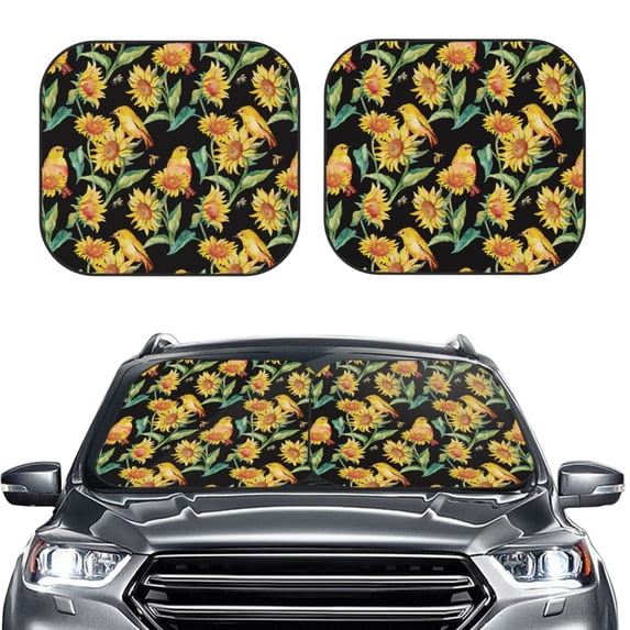 Uemuo Sunflowers And Bird Printed 2 PCS Car Windshield Sun Shade, Auto Sun Heat and UV Rays Blocker, Foldable Automotive Front Window Sunshade Protector