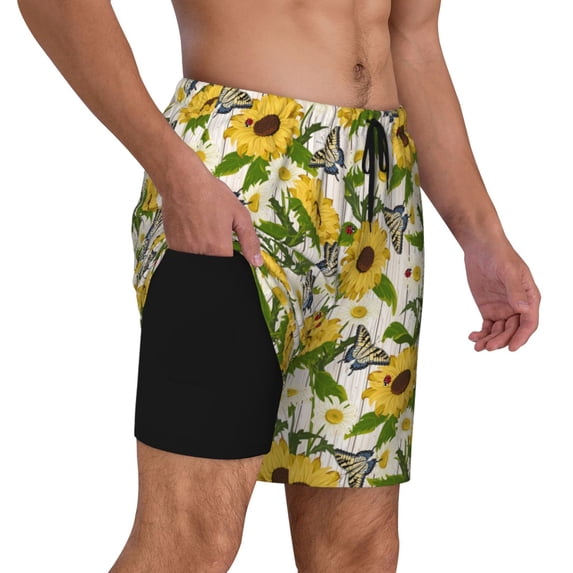 Uemuo Sunflowers And Butterflies Pattern Mens Swim Trunks Quick Dry Board Shorts with Mesh Lining, Stretch Beach Shorts Quick Dry No-Chafing Board Shorts-Large