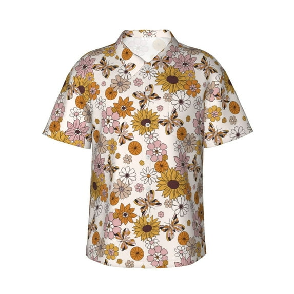 Uemuo Sunflowers And Butterflies Printed Regular Fit Short Sleeve Casual Hawaiian Shirt for Men,Aloha shirt,Tropical shirt,Floral print shirt,Vacation Beach shirt-XX-Large