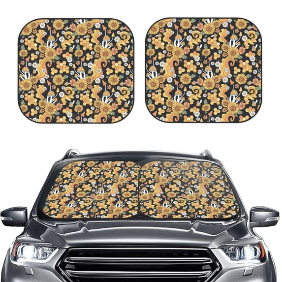 Uemuo Sunflowers Bee Printed 2 PCS Car Windshield Sun Shade, Auto Sun Heat and UV Rays Blocker, Foldable Automotive Front Window Sunshade Protector