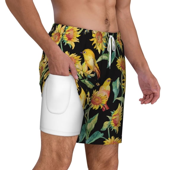 Uemuo Sunflowers And Bird Pattern Mens Swim Trunks Quick Dry Board Shorts with Mesh Lining, Stretch Beach Shorts Quick Dry No-Chafing Board Shorts-Medium