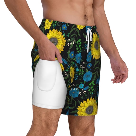 Uemuo Sunflowers And Blue Flower Pattern Mens Swim Trunks Quick Dry Board Shorts with Mesh Lining, Stretch Beach Shorts Quick Dry No-Chafing Board Shorts-X-Large