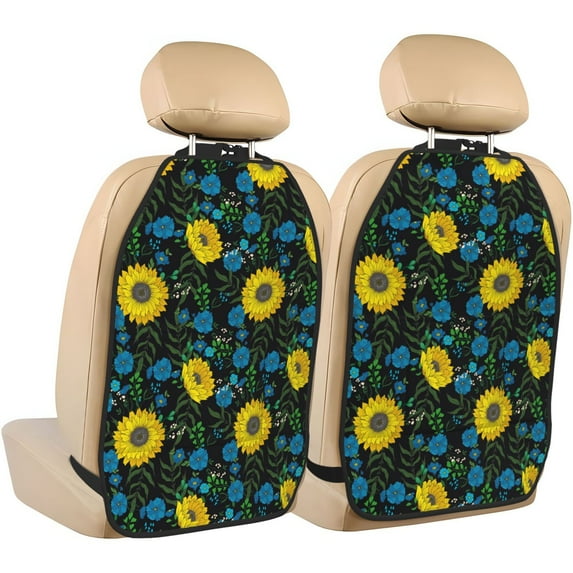 Uemuo Sunflowers And Blue Flower Printed Car Back Seat Protector,2 Pcs Backseat Car Organizer, Kick Mats Back Seat Protector , Back Seat Organizer for Kids