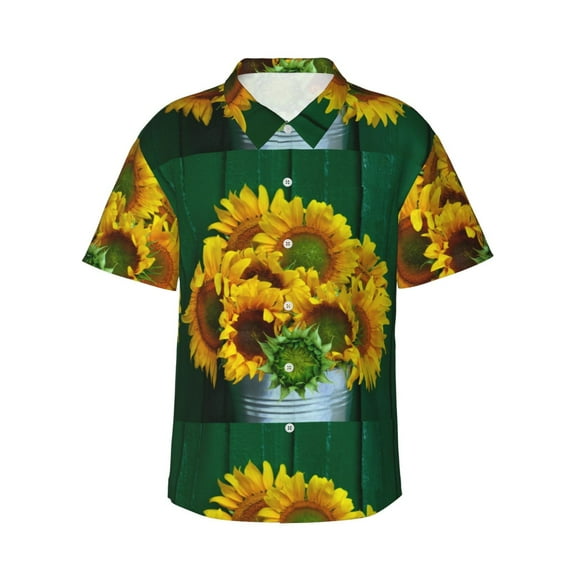 Uemuo Sunflowers in Bucket Printed Regular Fit Short Sleeve Casual Hawaiian Shirt for Men,Aloha shirt,Tropical shirt,Floral print shirt,Vacation Beach shirt-3X-Large