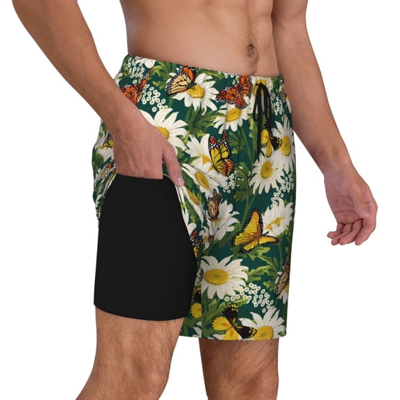 Uemuo Sunflowers And Butterflies Pattern Mens Swim Trunks Quick Dry Board Shorts with Mesh Lining, Stretch Beach Shorts Quick Dry No-Chafing Board Shorts-X-Large