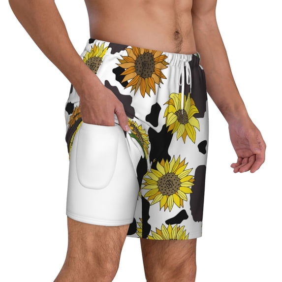 Uemuo Sunflowers Country Pattern Mens Swim Trunks Quick Dry Board Shorts with Mesh Lining, Stretch Beach Shorts Quick Dry No-Chafing Board Shorts-Large