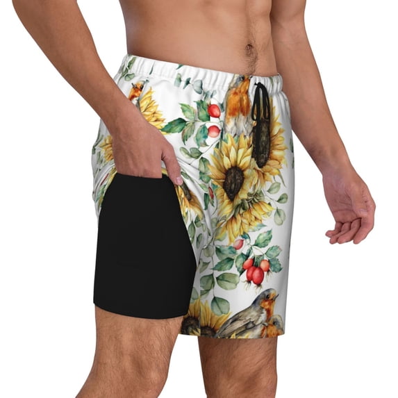 Uemuo Sunflowers Leaves And Birds Pattern Mens Swim Trunks Quick Dry Board Shorts with Mesh Lining, Stretch Beach Shorts Quick Dry No-Chafing Board Shorts-X-Large