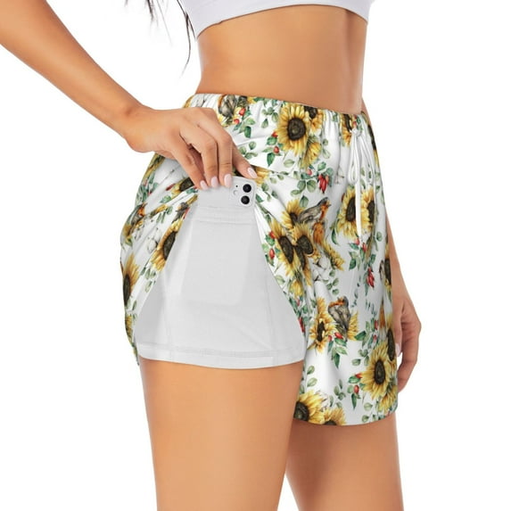 Uemuo Sunflowers Leaves And Birds Pattern Women's Athletic Shorts High Waisted Running Shorts with Liner Pockets Gym Elastic Workout Shorts-Small