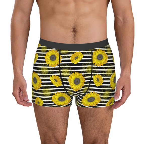 Uemuo Sunflowers On Black And White Stripes Pattern Men's Boxer Briefs,Trunk Anti-Chafing,Comfortable, Durable, and Stylish Underwear-XX-Large