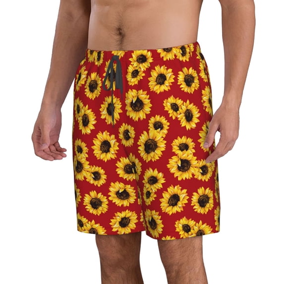Uemuo Sunflowers On Red Pattern Men's Swim Trunks Hawaiian Beach Bathing Suit Swimsuits Beach Quick-Dry Shorts with Pockets-Large