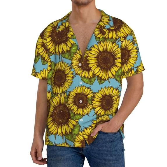Uemuo Sunflowers Pattern Cotton Linen Short Sleeve Shirts,Casual Lightweight Button Down Shirts,Vacation Beach Summer Tops-4X-Large