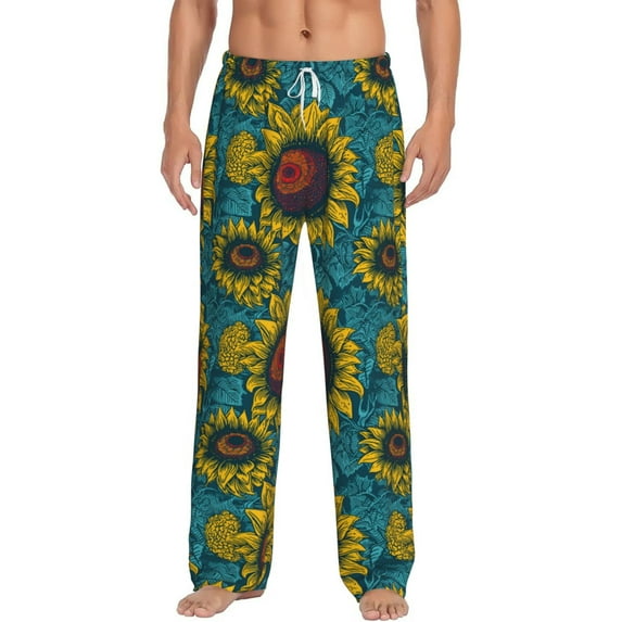 Uemuo Sunflowers Pattern Men's Wide Leg Palazzo Lounge Pants with Pockets Light Weight Loose Comfy Casual Pajama Pants-Medium